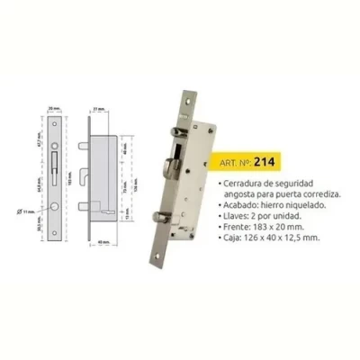 Imagen del producto: Cerradura Prive Angosta P/ Porton Corredizo Prive 214 Niquel